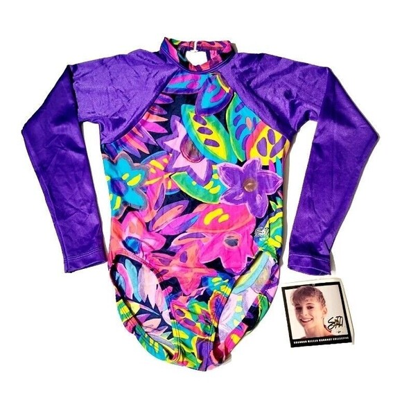 GK Tops - Shannon Miller GK VTG 90s Keyhole Floral Leotard Long Sleeve Purple AXS Adult XS